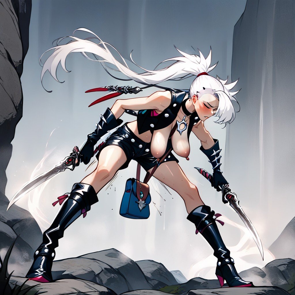 Satchel With Knives Dungeon Natural Breasts, Marniewhite Hair Buzzcut In A Ponytail With Long Bangs To The Right, Projected BreastsPorno AI Furry