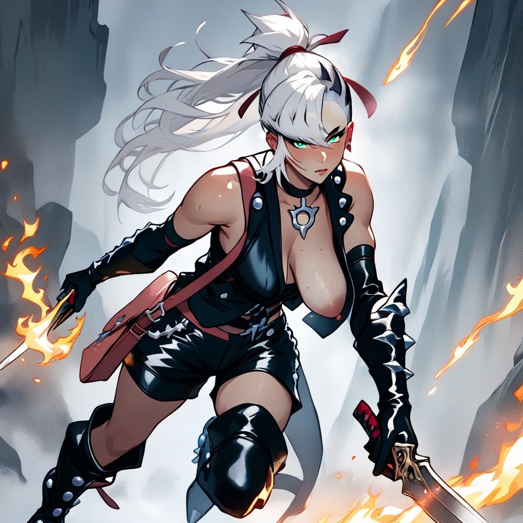 Dark Skinned Swirling Flame Slashes Swirling Lightning Slashes Sarashi, Assassin Slashing Two Daggers While In The Air Blade Glowing Multiple Glowing Slashes, Saggy BreastsAI 포르노