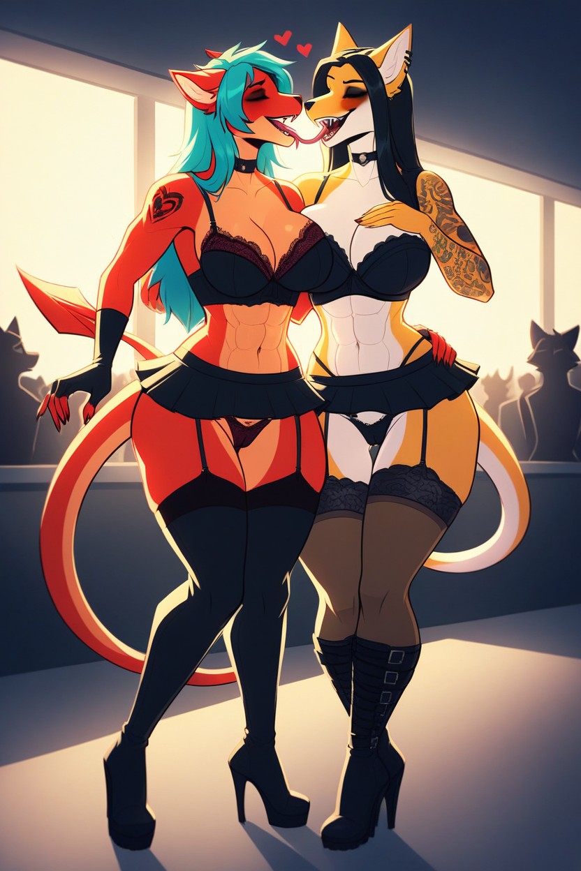 Lesbian Kissing, Tattoo, Long Forked Tongue Furry AI Porn