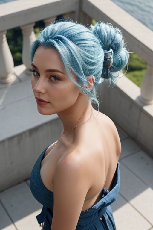 Chignon, Vue De Face, Cheveux Bleu ClairPorno IA Furry