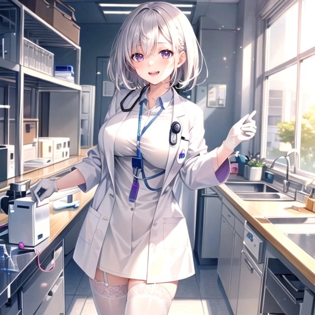 Doctor Lab Coat, White Hair, White Rubber GlovesAIポルノ