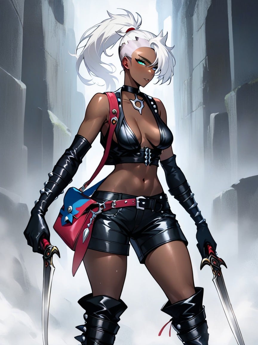 Marniewhite Hair Buzzcut In A Ponytail With Long Bangs To The Right, Saggy Breasts, Black Leather Shorts Sleeveless Black Vest Black Long Boots Black Long Assassins Gloves ИИ порно