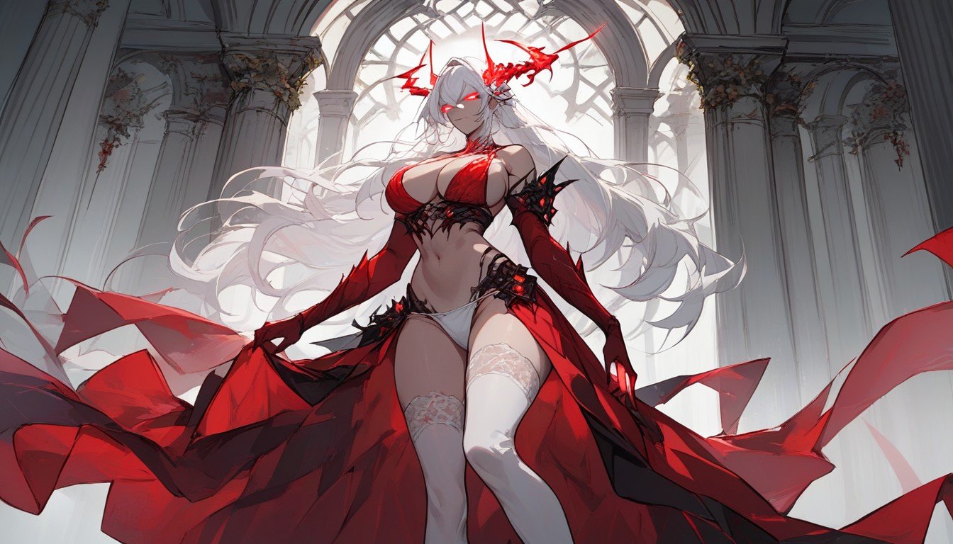 High Stockings, White Hair, Red DressAIポルノ