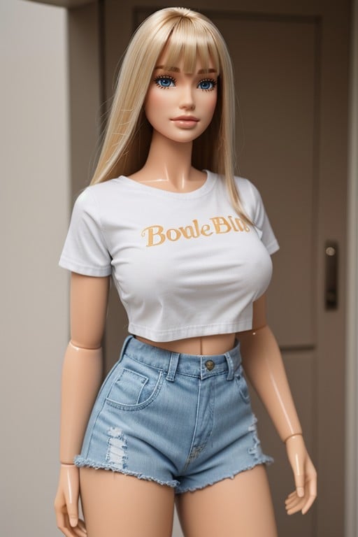 Full Body Barbie Blonde Hair Blue Eyes Natural Breast Rounded Ass Big Lips Blonde Hair Barbie Curvy Figure Full Bangs Penthouse T Shirt No Panties Bob Haircut Sports Shorts Cotton Shorts Skirt Medium Length HairPorno AI