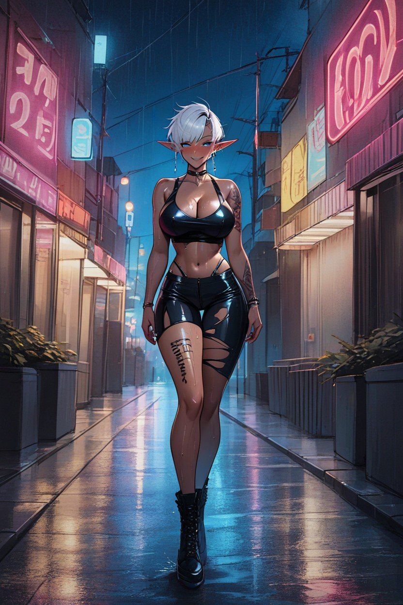 Body Writing, Cyberpunk City, Navel Exposed Hentai AI Porn