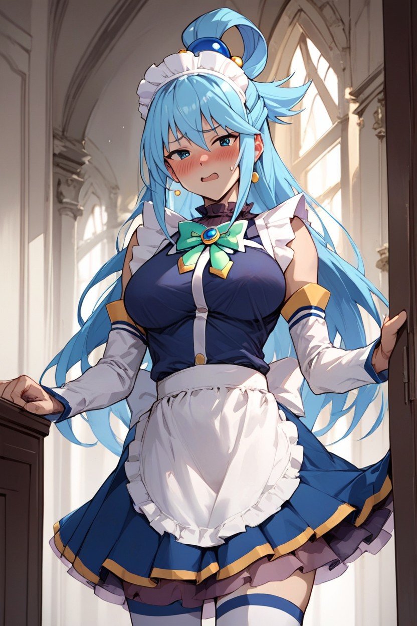 Embarrassed , Aqua From Konosuba Wearing A Maid Outfit In A Mansion Medium Breasts Skirt Someone Squeezing One Of Her Boobs AI Porn