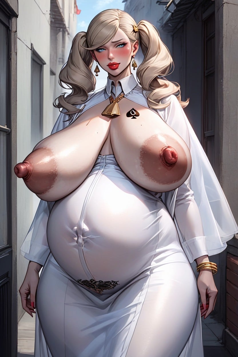 Red Bimbo Lips, Puffy Nipples, She Proudly Showed Her Guests Her Slutty Pregnant Belly And Transformed Perverted Nipples AI Porn