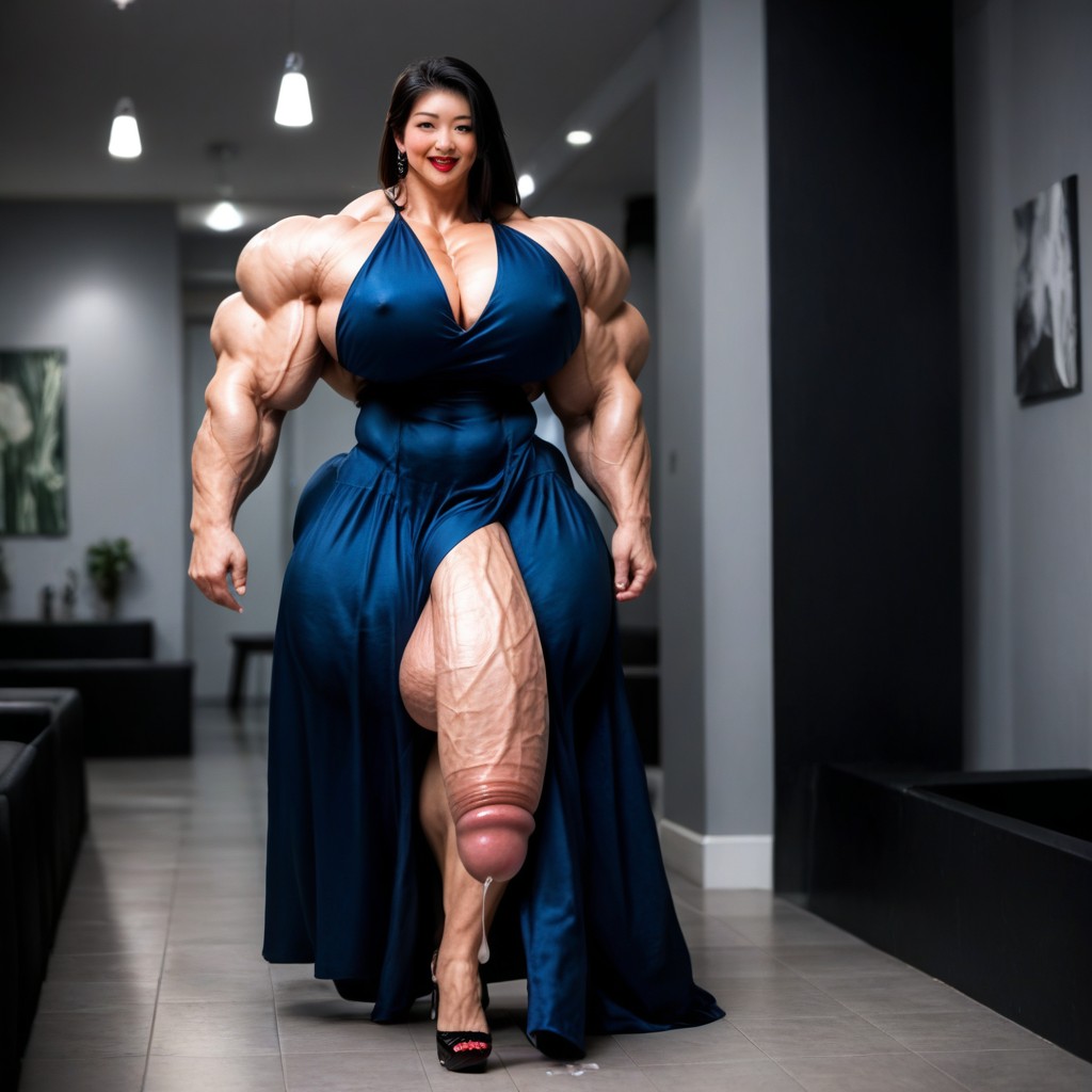 Lipstick, Black Hair, Hyper Huge Muscles Shemale AI Porn