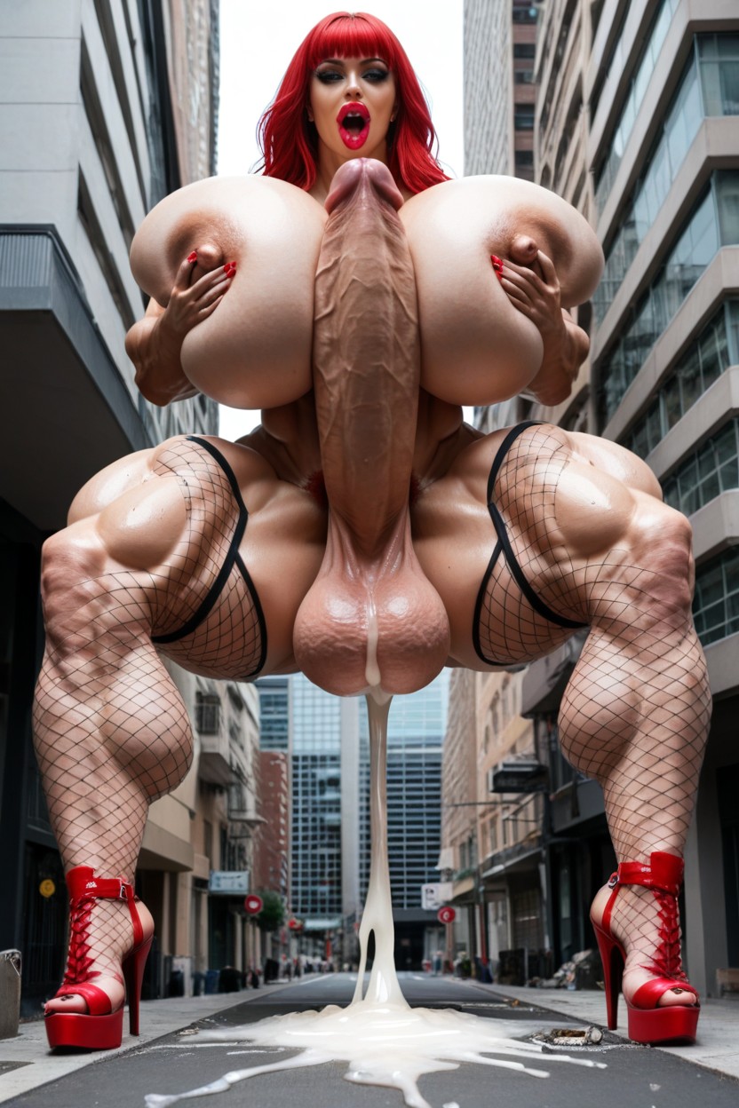 Front View, Big Breasts, Gigantic Massive Futa Cock Shemale AI Porn