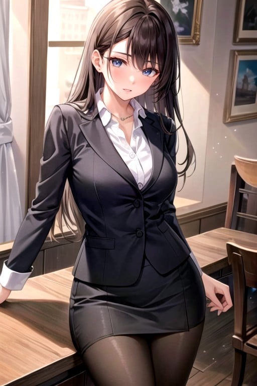 Beautiful Secretary; Long Brown Hair; Secretary Suit With Sexy Stocking, Teacher Furry AI Porn