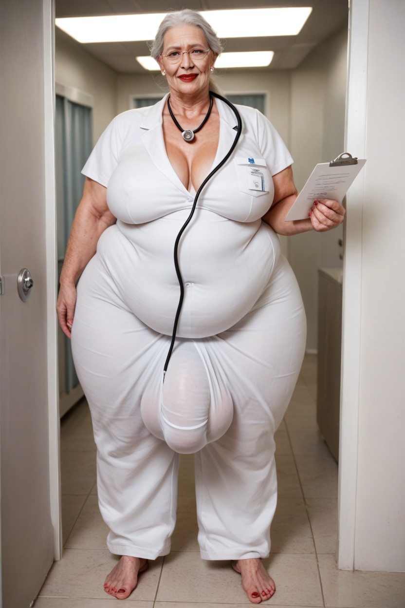 60+, Doctors Scrubs, Standing In Doorway At Hospital Shemale AI Porn