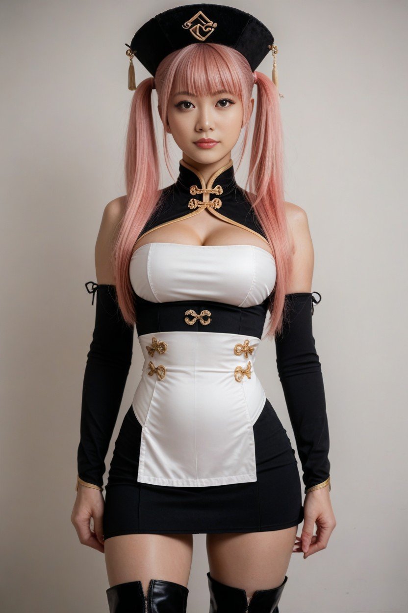 Petit Cul, Riruka Pink Hair, Wearing Black Clothes And A High Waist Skirt With White BootsPorno IA