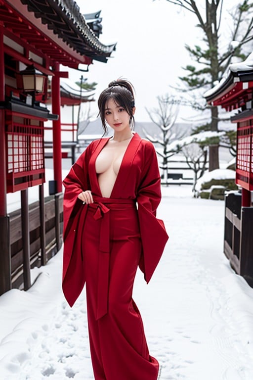 Red Hakama, 雪が降っている, 日本人AIポルノ