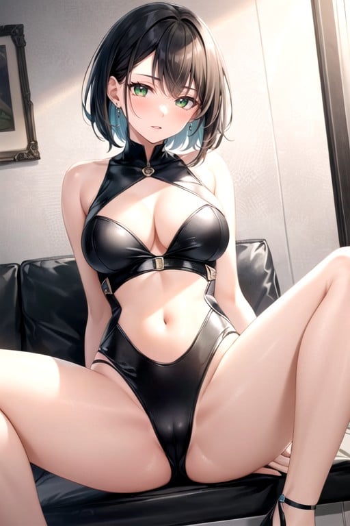 Green Eyes, Sitting Down Legs Spread, Green Eyes AI Porn