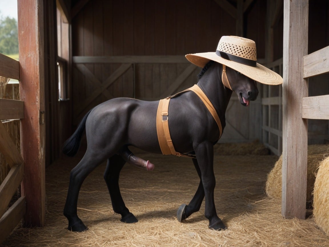 Full Body, Resting On Her Belly And Chest Woman Uses Her Hand To Grab The Pony Penis, Woman Lies On A Bundle Of Straw With A Black Pony Penis Passing Through Between Her Legs Furry AI Porn