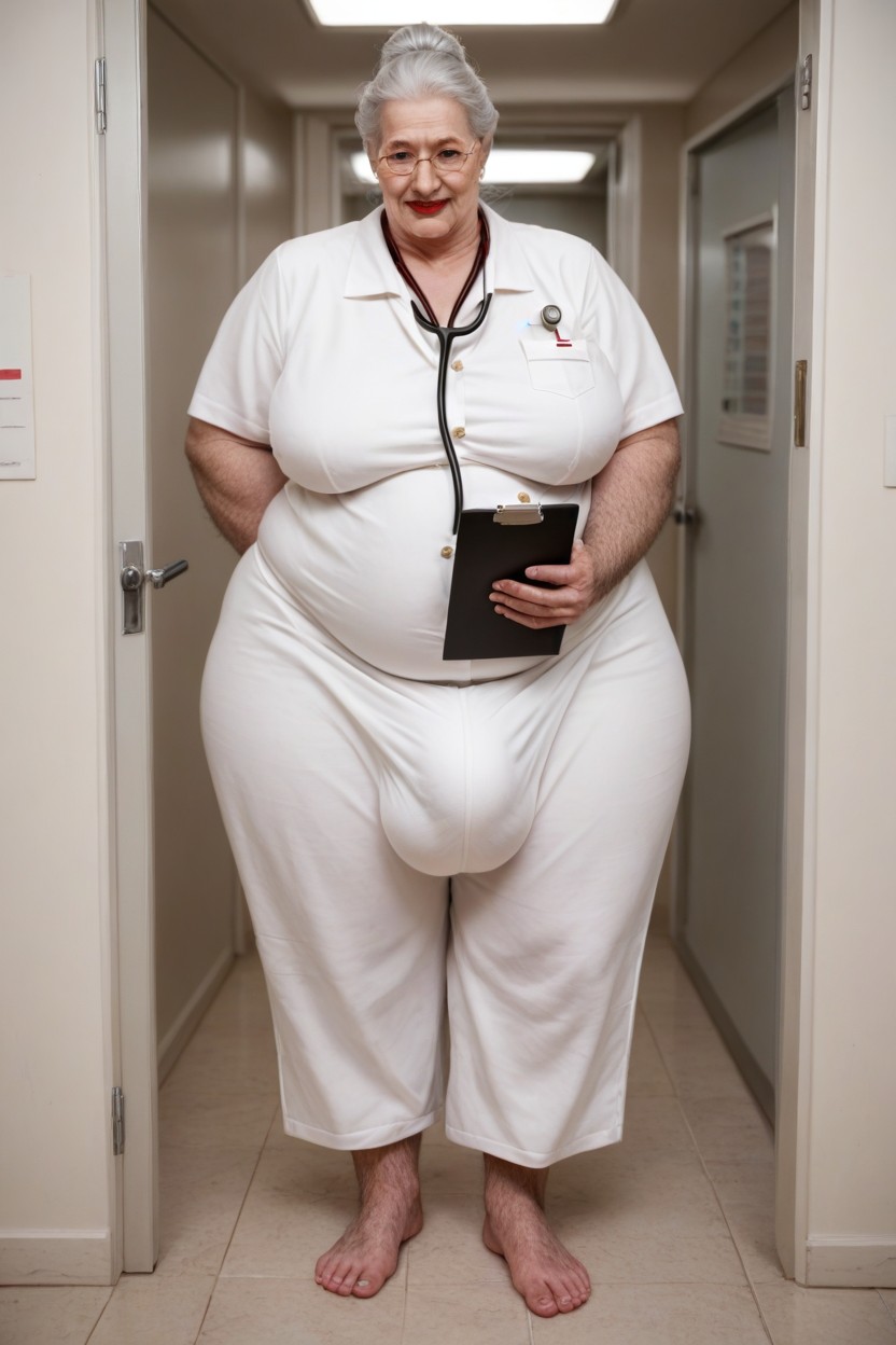 Standing In Hospital, Stethoscope On The Neck, Red Lipstick Shemale AI Porn