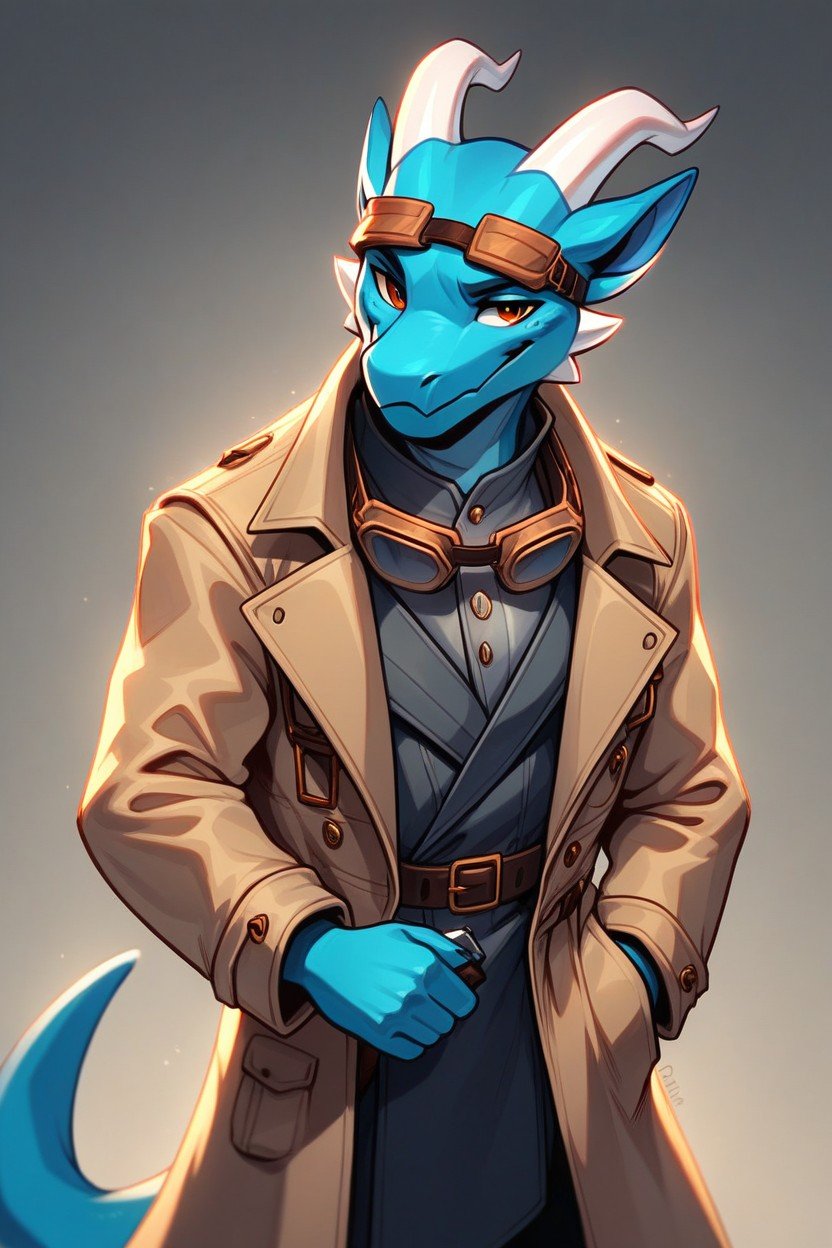 Trench Coat, Scalie, Blue KoboldファーリーAIポルノ