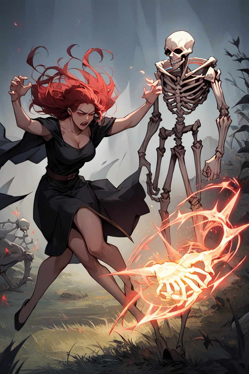 Red Hair, Shocked, Floating Hand Punching Evil Skeleton AI Porn