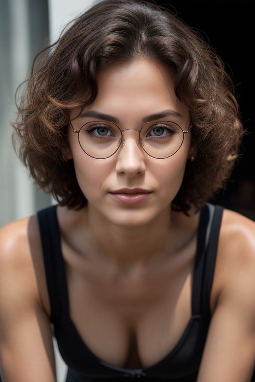 Round Glasses Like Pheobe Spengler Of Movie Ghost Busters Frozen Kingdom, Curly Hair, Bent Over Doggy Style Face Close Camera AI Porn