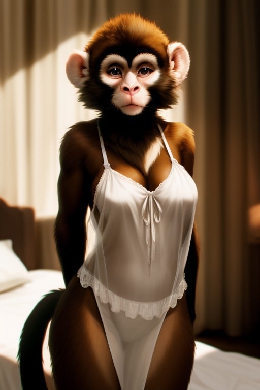 Brown Fur, Standing Next To Her Bed, Anthro Female Monkey퍼리 AI 포르노