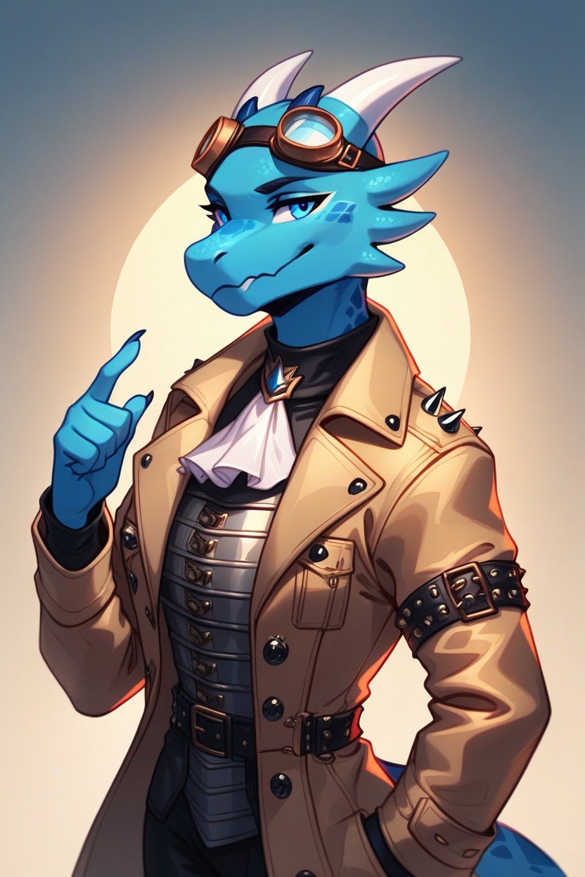 Horns, Trench Coat, Blue Kobold Furry AI Porn