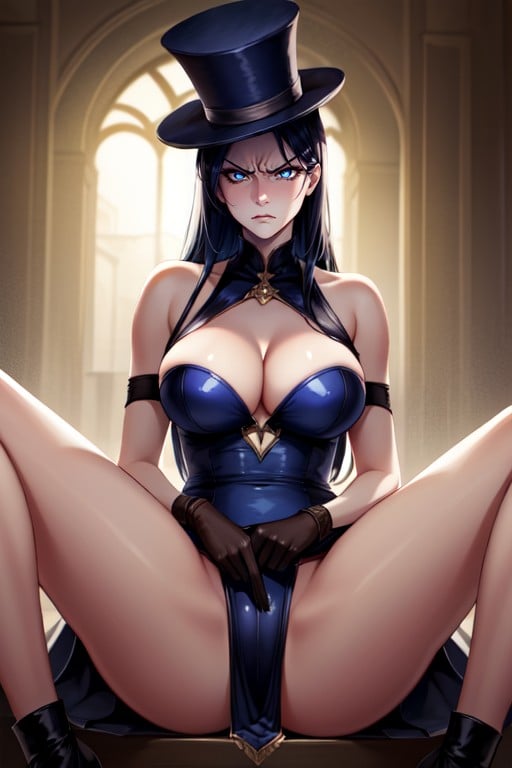 Sitting Down Legs Spread, Caitlyn (league Of Legends), Black Hair AI Porn