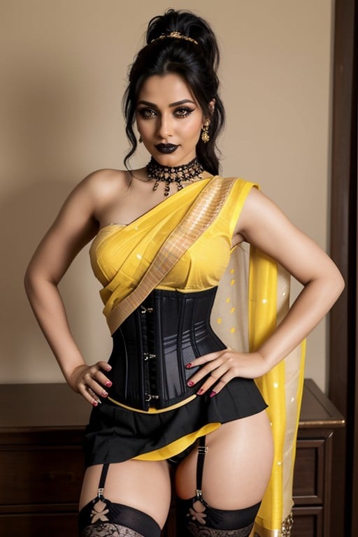 Bright Yellow Saree, Indian, Ponytail AI Porn