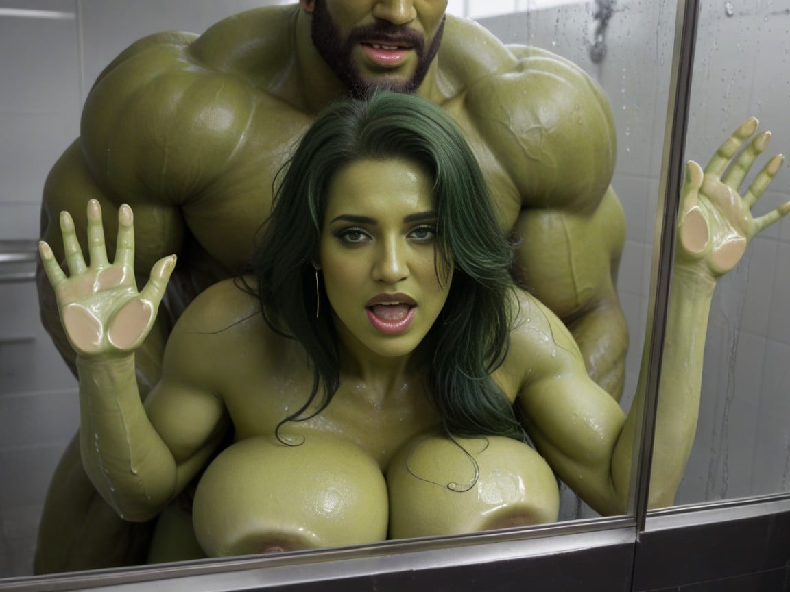 Tits On Glass, Both People Have Green Skin, The Hulk Faking She Hulk From Behind Shemale AI Porn