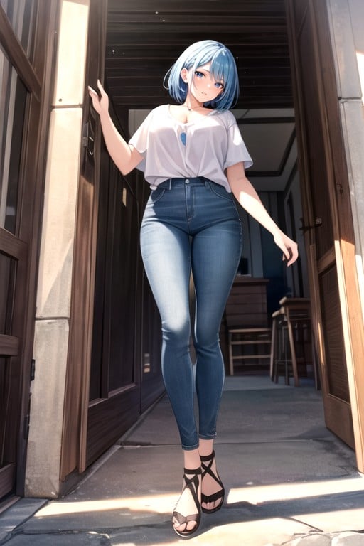 Jeans, Light Blue Hair, Bottom Up AI Porn