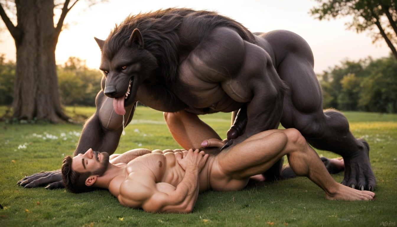 Werewolf Body Is Covered With Light Brown Fur, Full Body Of Werewolf Visible To Viewer, Mythical Monster AI Gay Porn
