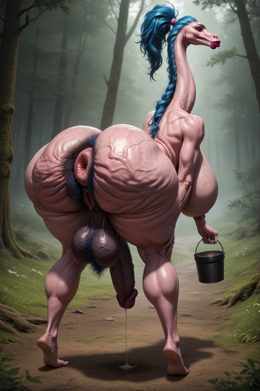 Long Anus Hair, Sagging Breasts, Bending Over Shemale AI Porn