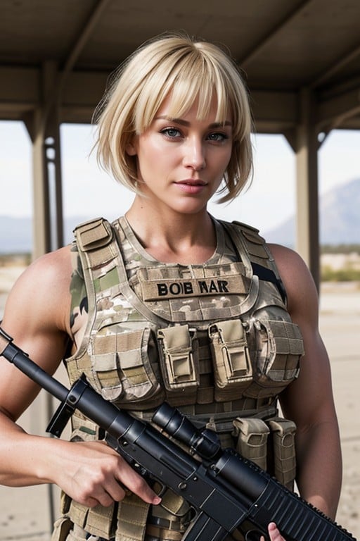 A Busty And Muscular Caucasian Special Forces Soldier With A Bodybuilder Body And Carrying A Machine Gun She Has Bleach Blonde Bob Hair With Bangs And Wears A Tactical Vest That Shows Ample Cleavage And Tactical PantsAI 포르노