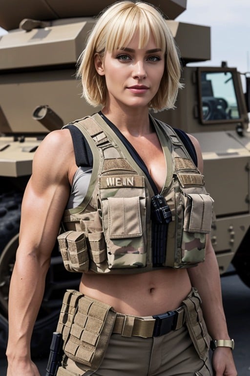 Full View Of A Busty And Muscular Caucasian Special Forces Soldier With A Bodybuilder Body And Carrying A Machine Gun She Has Bleach Blonde Bob Hair With Bangs And Wears A Tactical Vest That Shows Ample Cleavage And Tactical PantsPorno IA transsexuelle