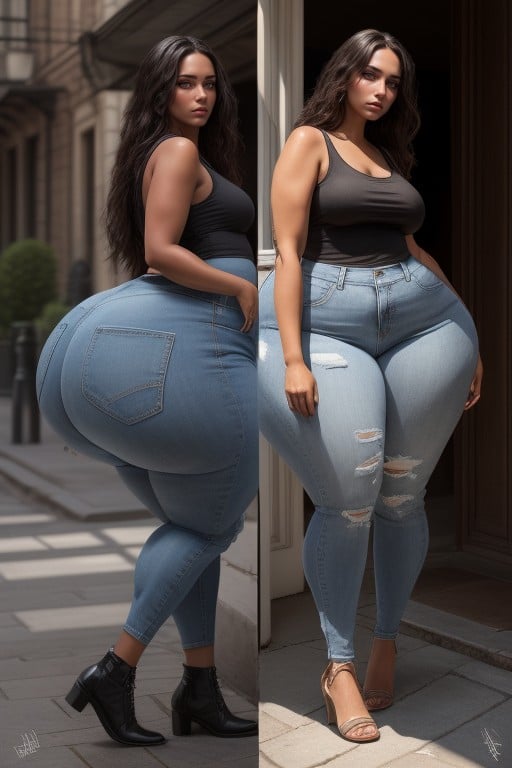 Feedee Woman, Hyper Obese, Jeans Pornografia de IA