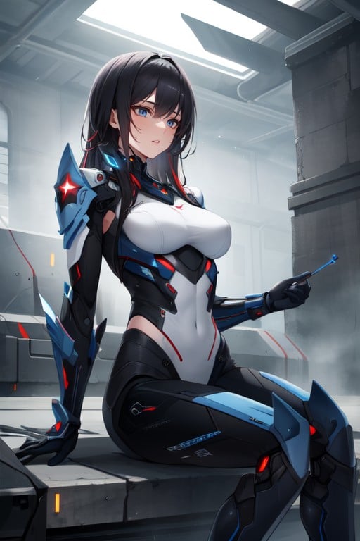 Black Hair, Sitting Down, Robot Armor AI Porn