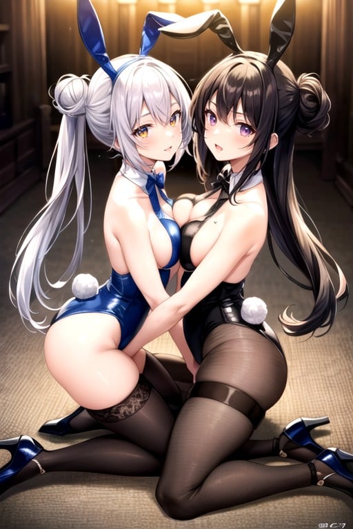 Bunny Costume, Girls Hugging, Hair Bun Hentai AI Porn