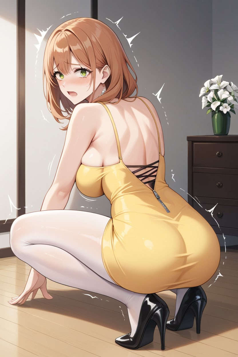 Ginger Hair, Feet Up, Yellow Dress Grows Tight And Unzips Hentai AI Porn