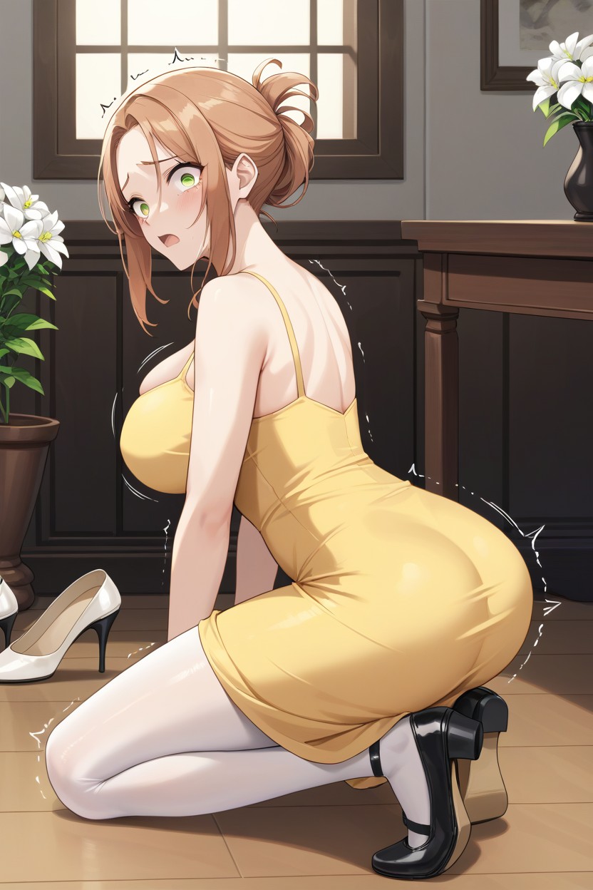 Shocked Worried Look, Hotel Room, Black Ballet Flats Shoes Hentai AI Porn