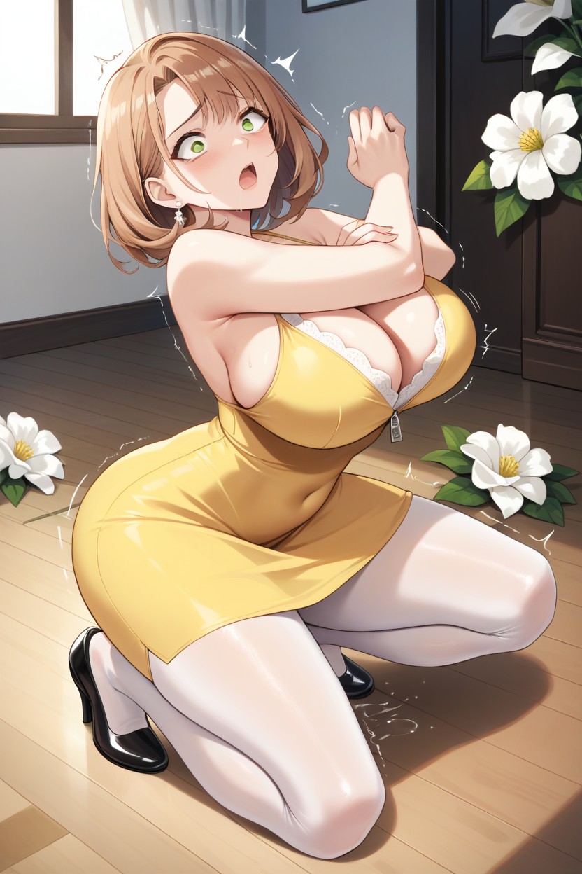 Pantuhose Feet Grow Larger, Opaque Beige Tights, Kneeling Hentai AI Porn