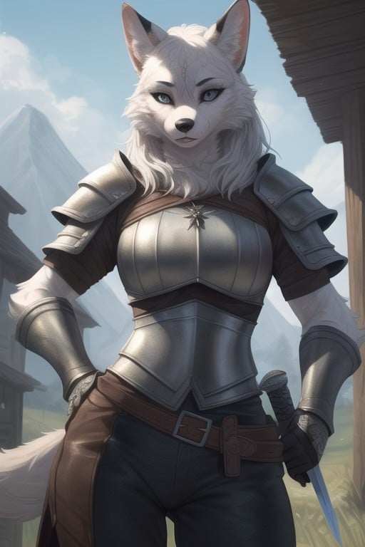 Armor Gloves, Armor, Dog Furry Woman In Full Set Of Witcher Armor With Sword On The Hip Furry AI Porn