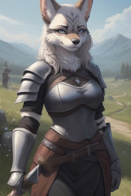 Dog Furry Woman In Full Set Of Witcher Armor With Sword On The Hip, 盔甲, 盔甲手套AI兽人黄片