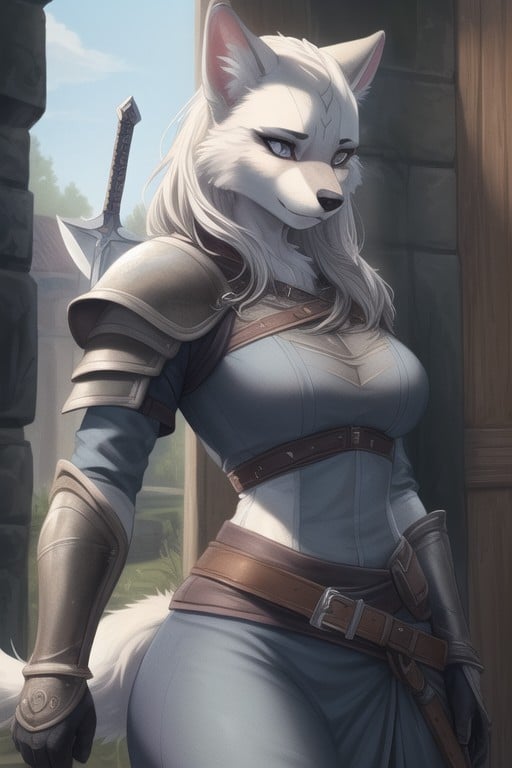 Armor, Armor Gloves, Dog Furry Woman In Full Set Of Witcher Armor With Sword On The Hip Furry AI Porn