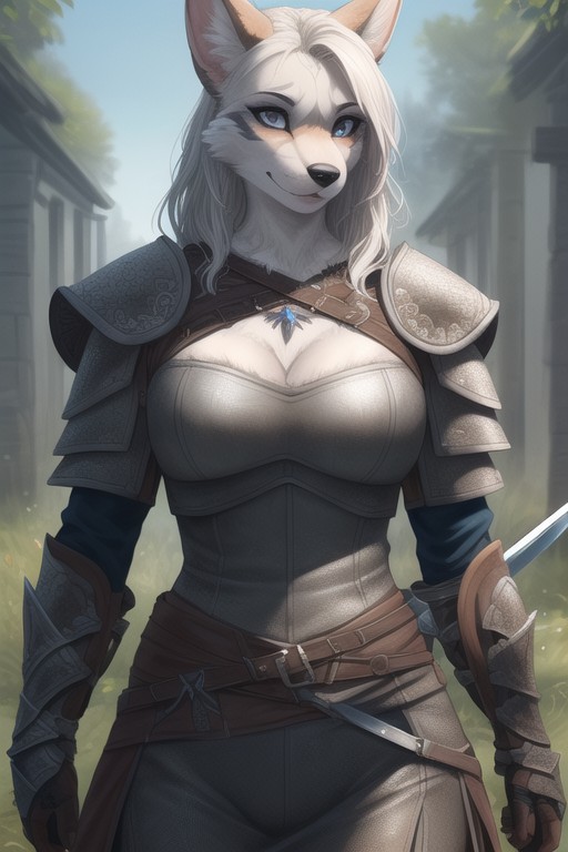 Dog Furry Woman In Full Set Of Witcher Armor With Sword On The Hip, Gants D'armure, ArmurePorno IA Furry