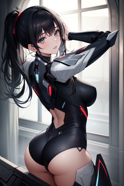 Touching Face, Black Hair, Robot Armor AI Porn