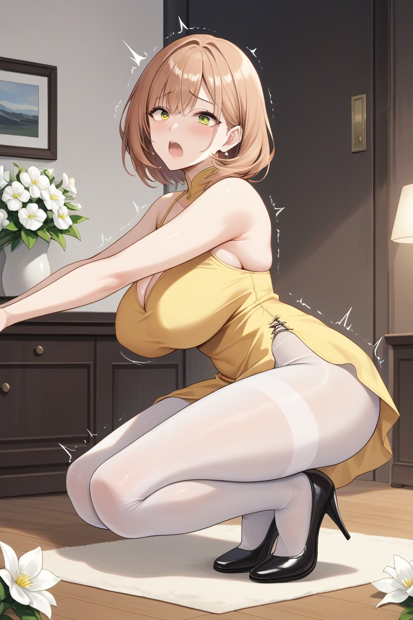 Full Body, Light Brown Hair, Opaque Beige Tights Hentai AI Porn