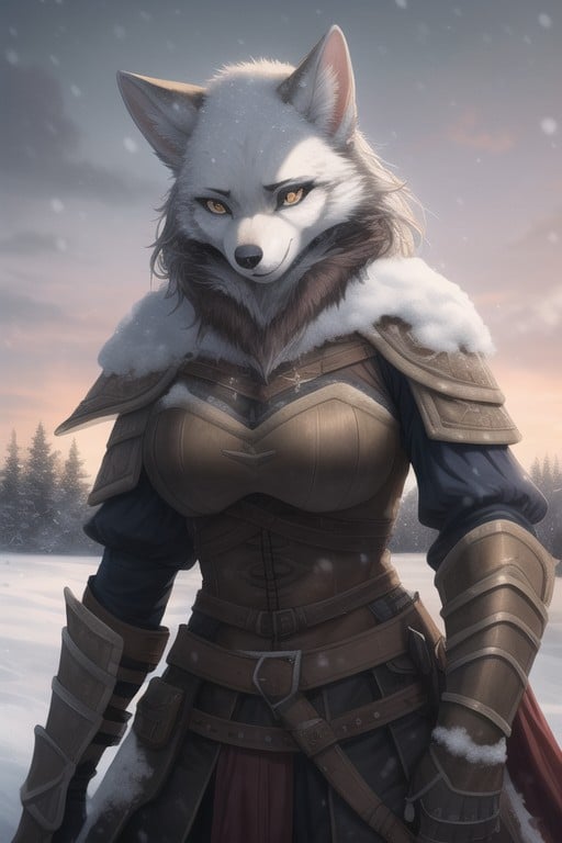 Dog Furry Woman In Full Set Of Witcher Armor, 夜明け, 雪が降っているファーリーAIポルノ