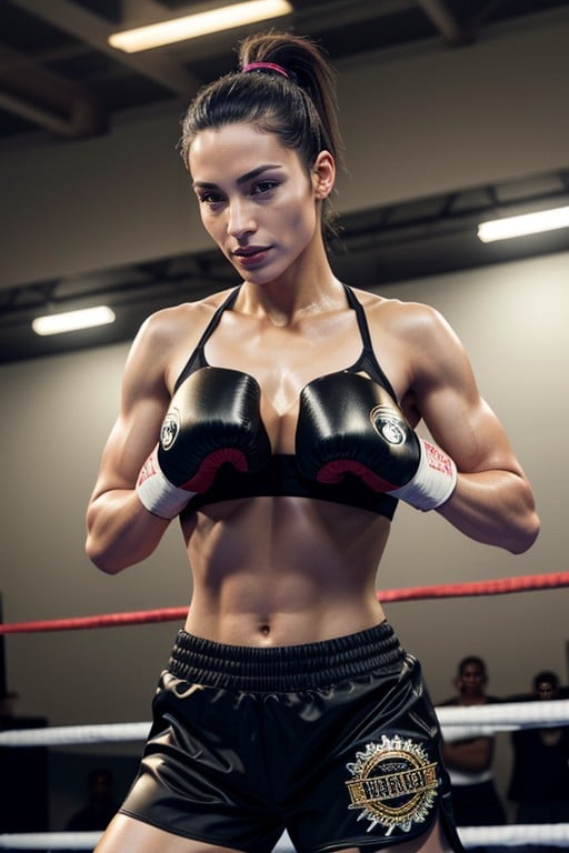 Long Black Ponytail, Shorts Esportivos, Fighting Pose Travesti IA Pornô