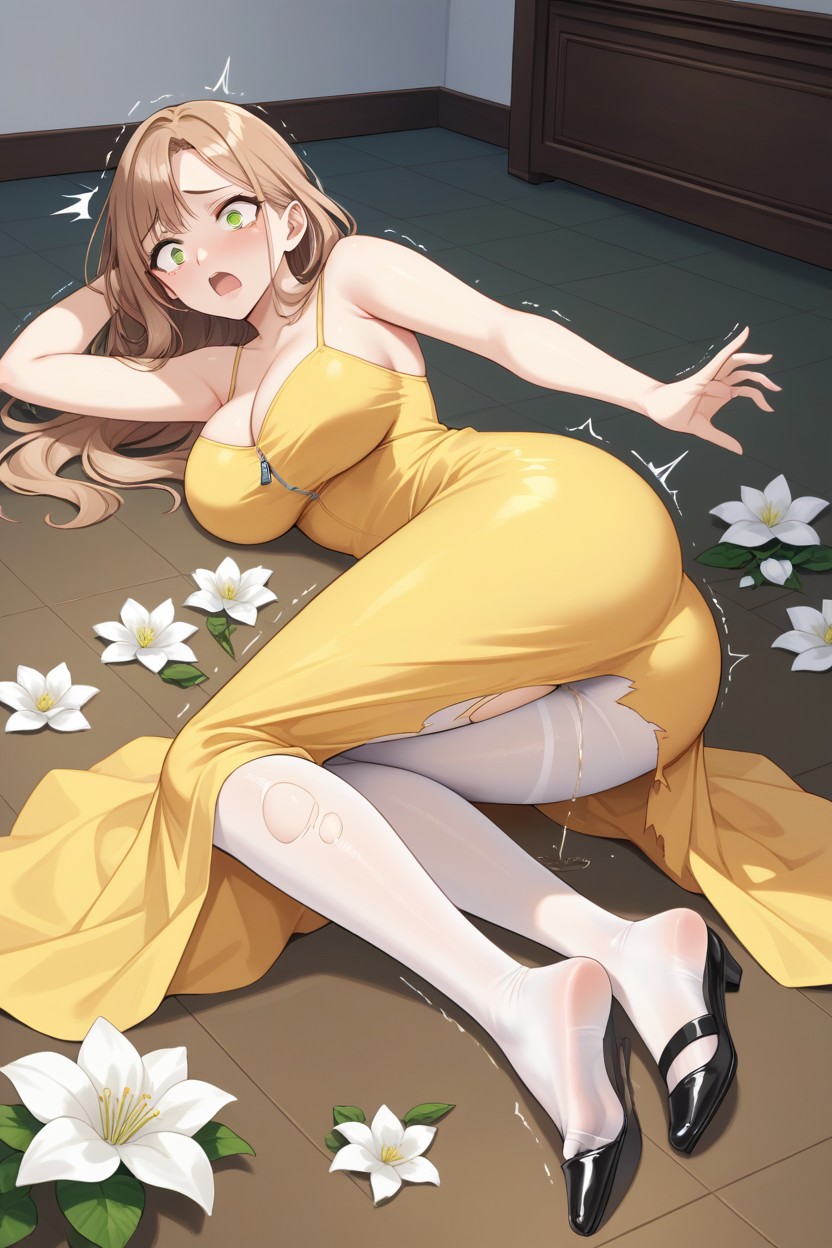 Yellow Dress Grows Tight And Unzips, Hunched Over, Body Grows Taller Hentai AI Porn