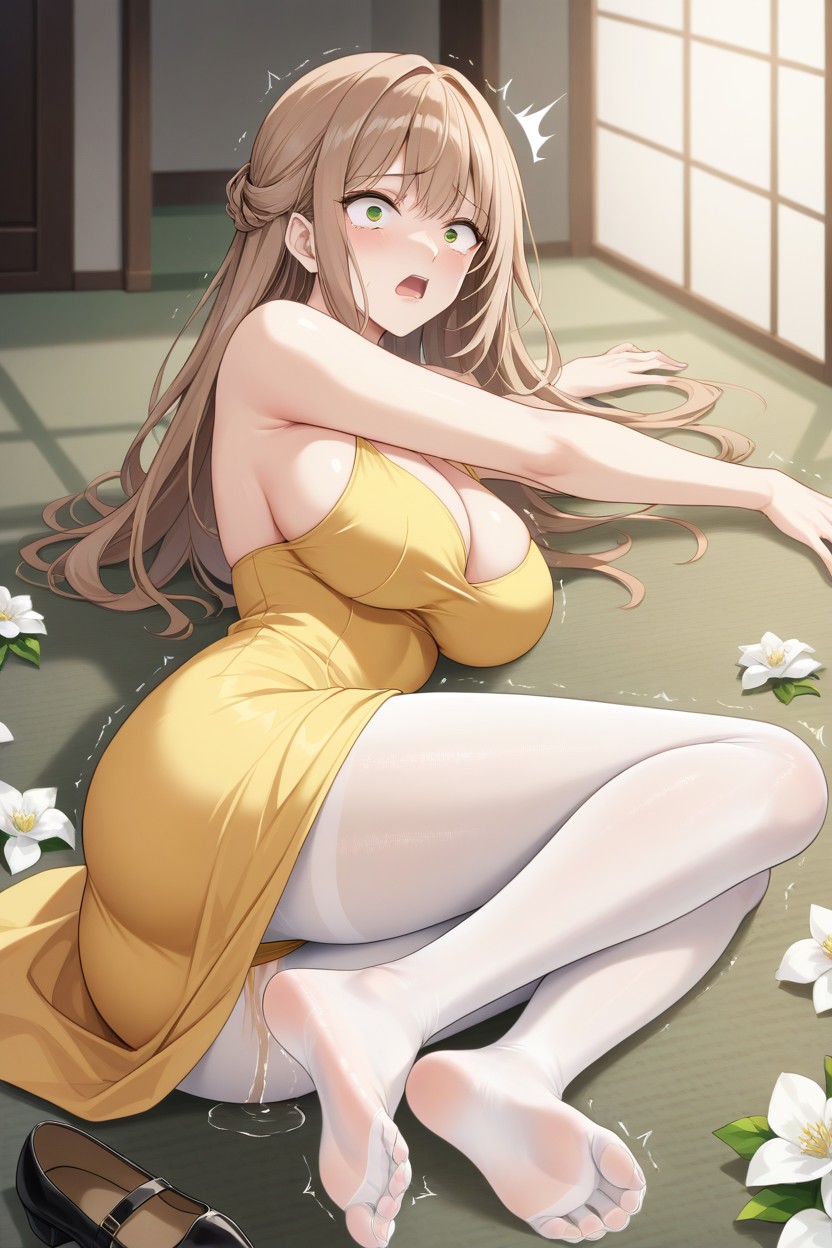 Kneeing, Light Brown Hair, Yellow Dress Unzipping And Ripping Off Hentai AI Porn