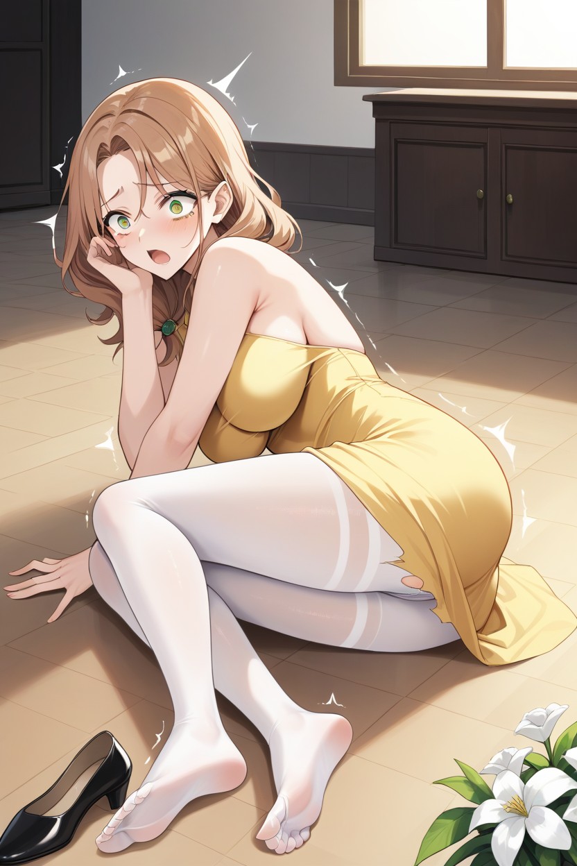 Show Soles Opaque Beige Tights Feet, Hunched Over, Full Body Hentai AI Porn